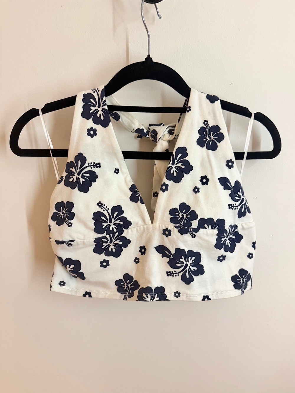 Garage White Navy Blue Floral Print Halter Top